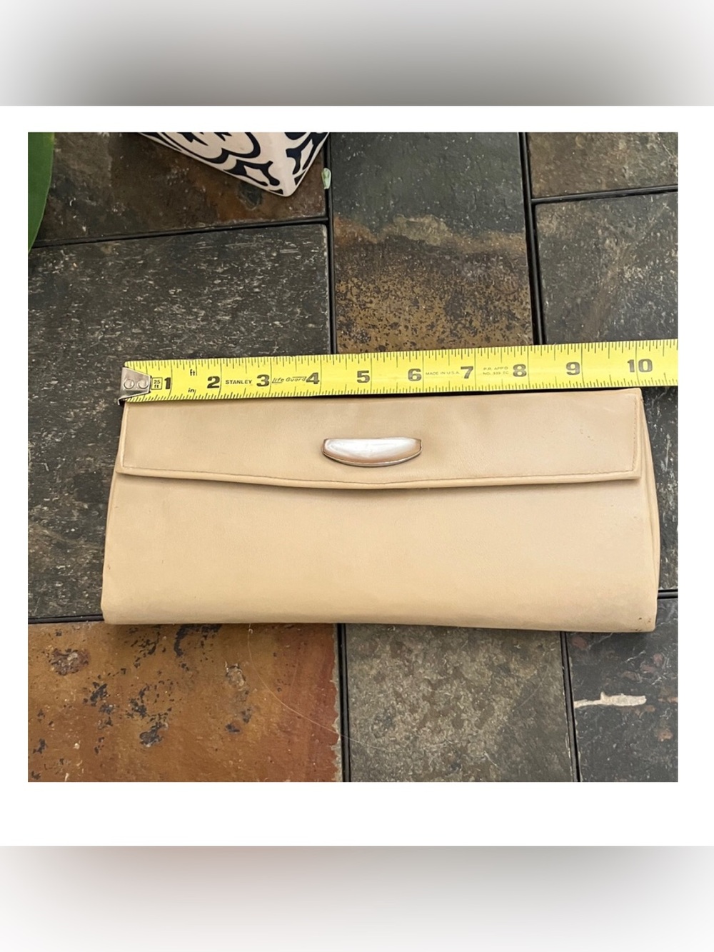 VINTAGE 1950’s Clutch Beige Leather Fold-Over‎ Clutch with Faux Stone Decoration